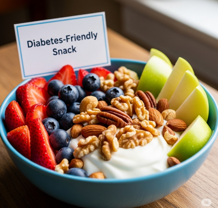 신선한 과일, 견과류, 플레인 요거트가 담긴 예쁜 간식 그릇. 당뇨 환자도 안심하고 즐길 수 있는 건강한 간식들을 보여준다