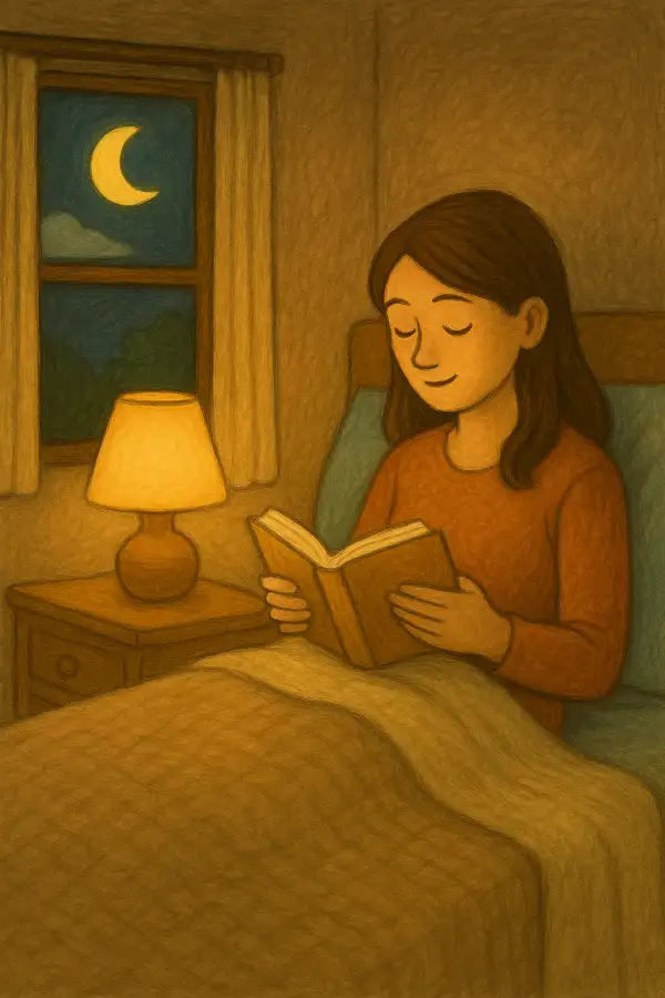 차분한 침실에서 저녁 시간에 책을 읽으며 창밖 달을 바라보는 사람의 모습 — 따뜻한 조명과 고요한 분위기가 강조됨