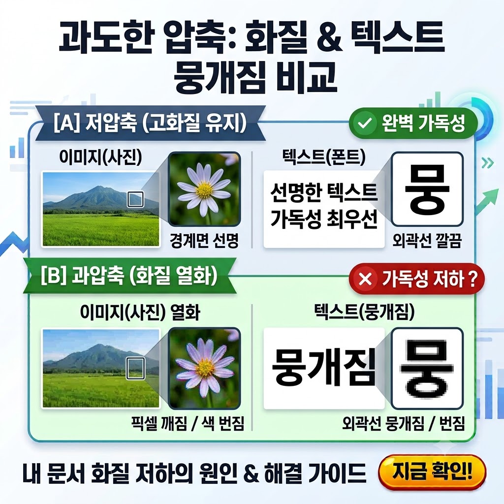고배율 확대 시 텍스트 깨짐 현상과 선명한 벡터 폰트의 차이를 보여주는 비교 화면