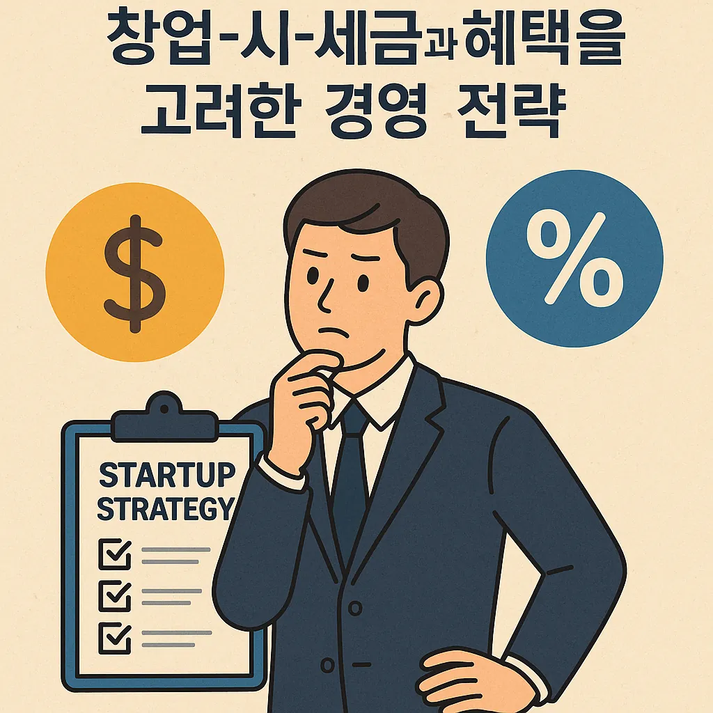 창업-시-세금과-혜택을-고려한-경영전략을-주제로-정장을-입은-남성이-체크리스트와-퍼센트-기호를-바라보는-일러스트