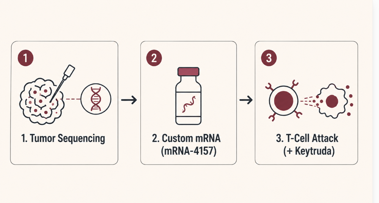 Mechanism diagram of Moderna individualized mRNA cancer vaccine combined with Keytruda