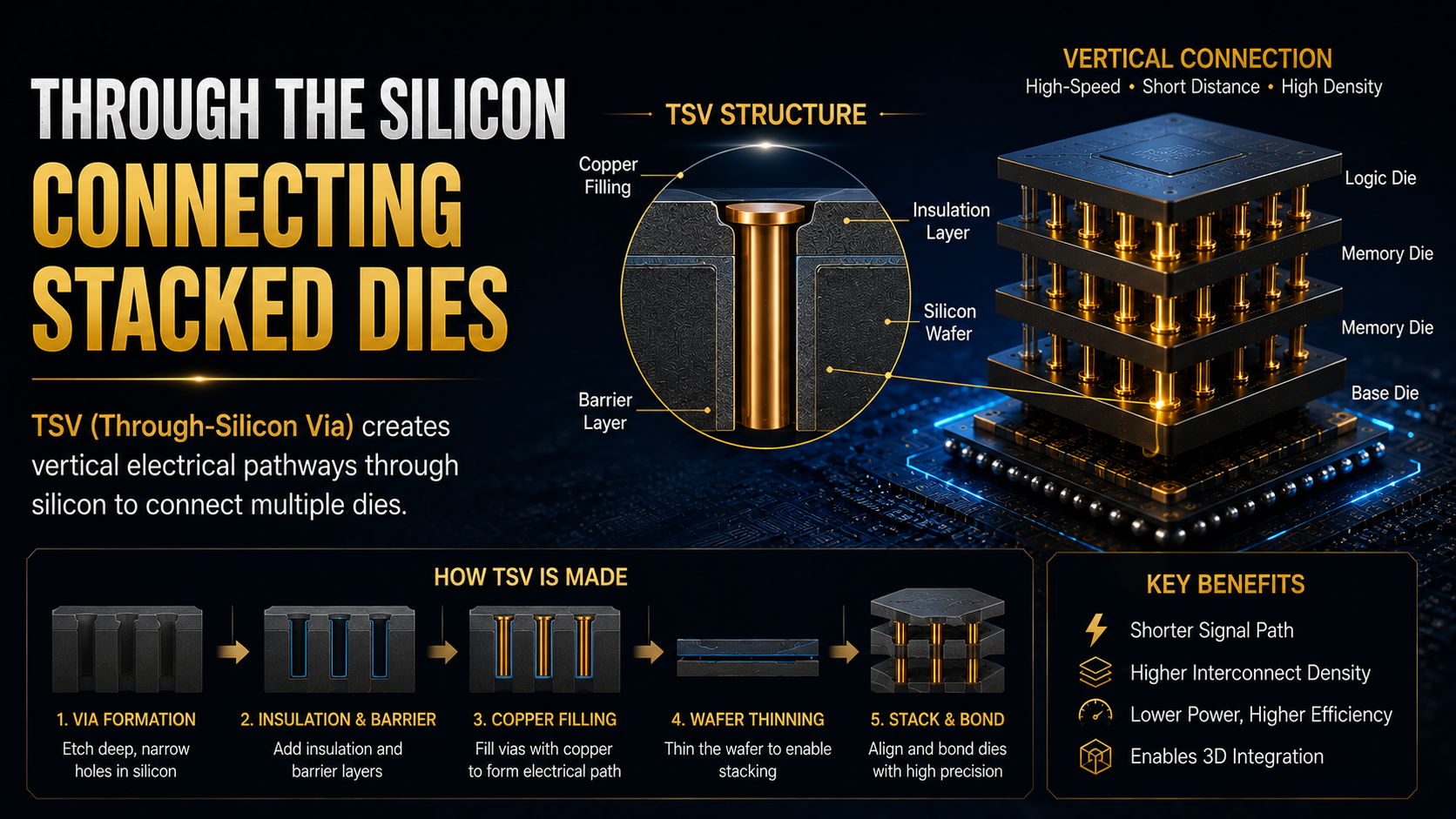 Through-Silicon Via structure connecting stacked semiconductor dies with vertical electrical pathways