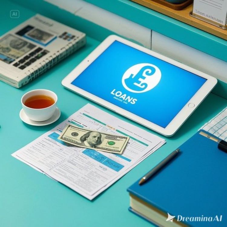 소상공인 사업장(카페, 공방 등) 배경에 저금리 대출을 상징하는 돈과 서류, 디지털 전환을 나타내는 태블릿이 어우러진 이미지. 밝은 파란색과 초록색 톤으로 희망과 성장 강조