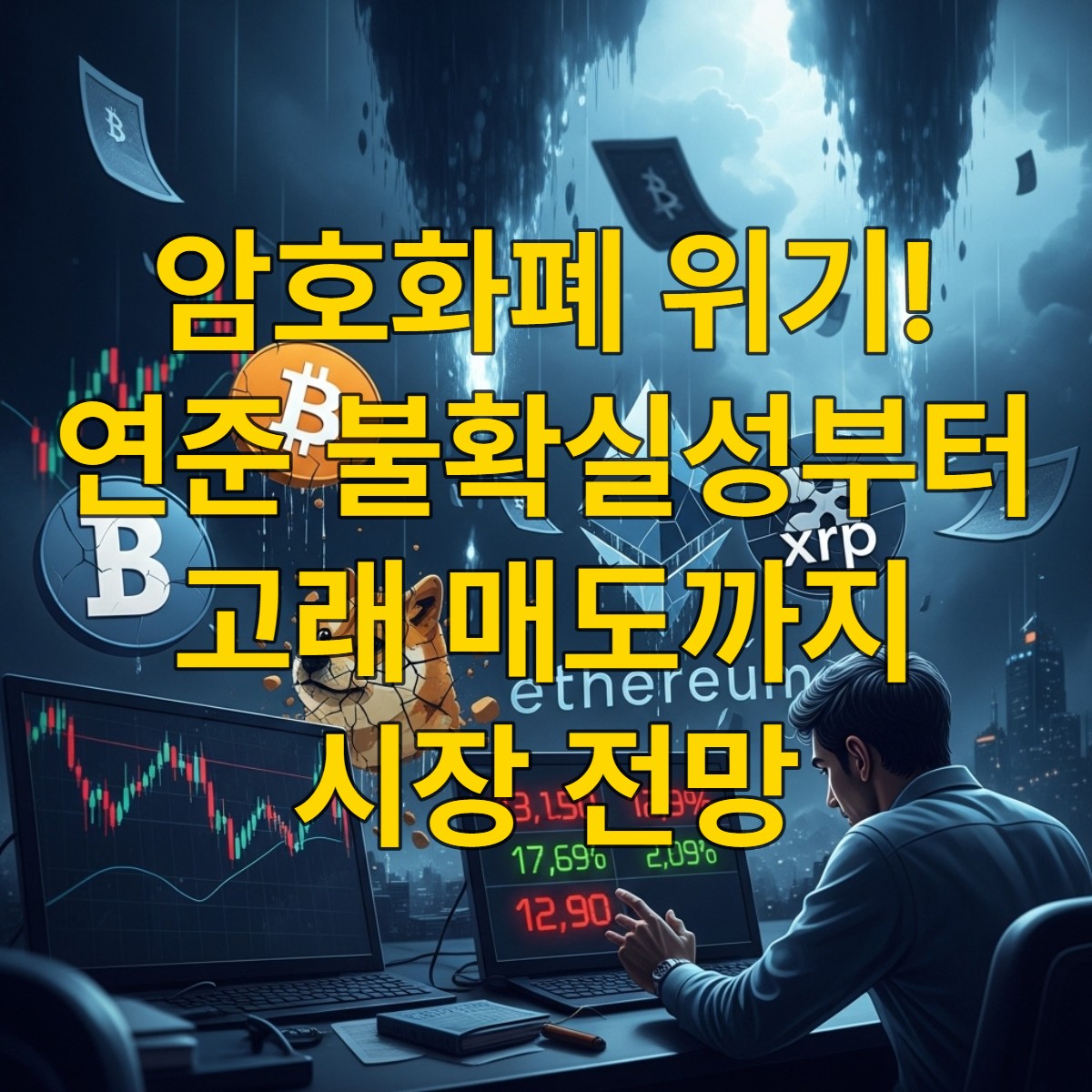 폭락하는 암호화폐 시장 속에서 불안감을 느끼는 투자자의 모습과 비트코인, 이더리움, XRP, 도지코인 로고가 깨지는 장면