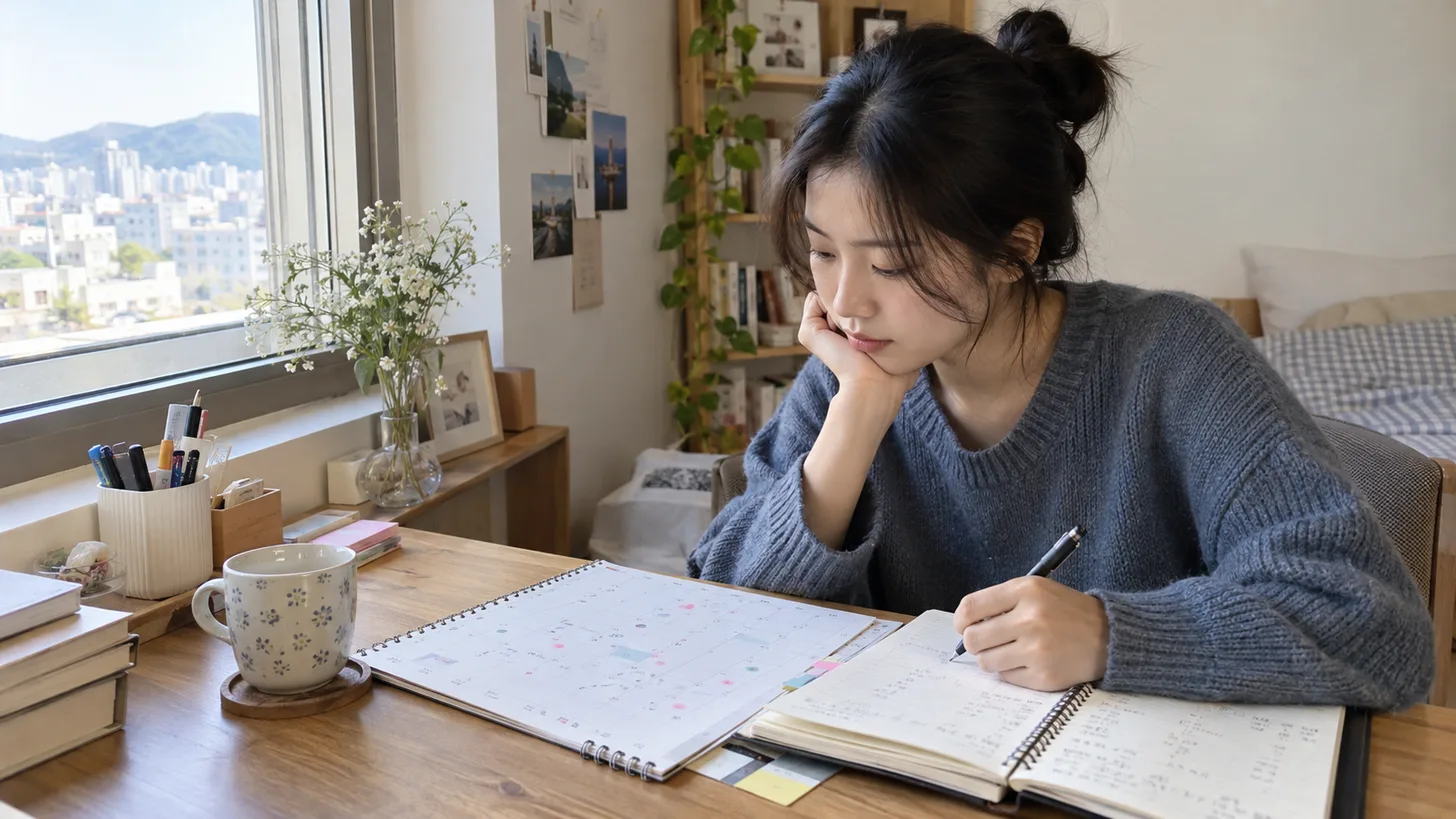 책상 위 달력과 수첩에 여러 모임 일정을 정리하고 있는 사람
