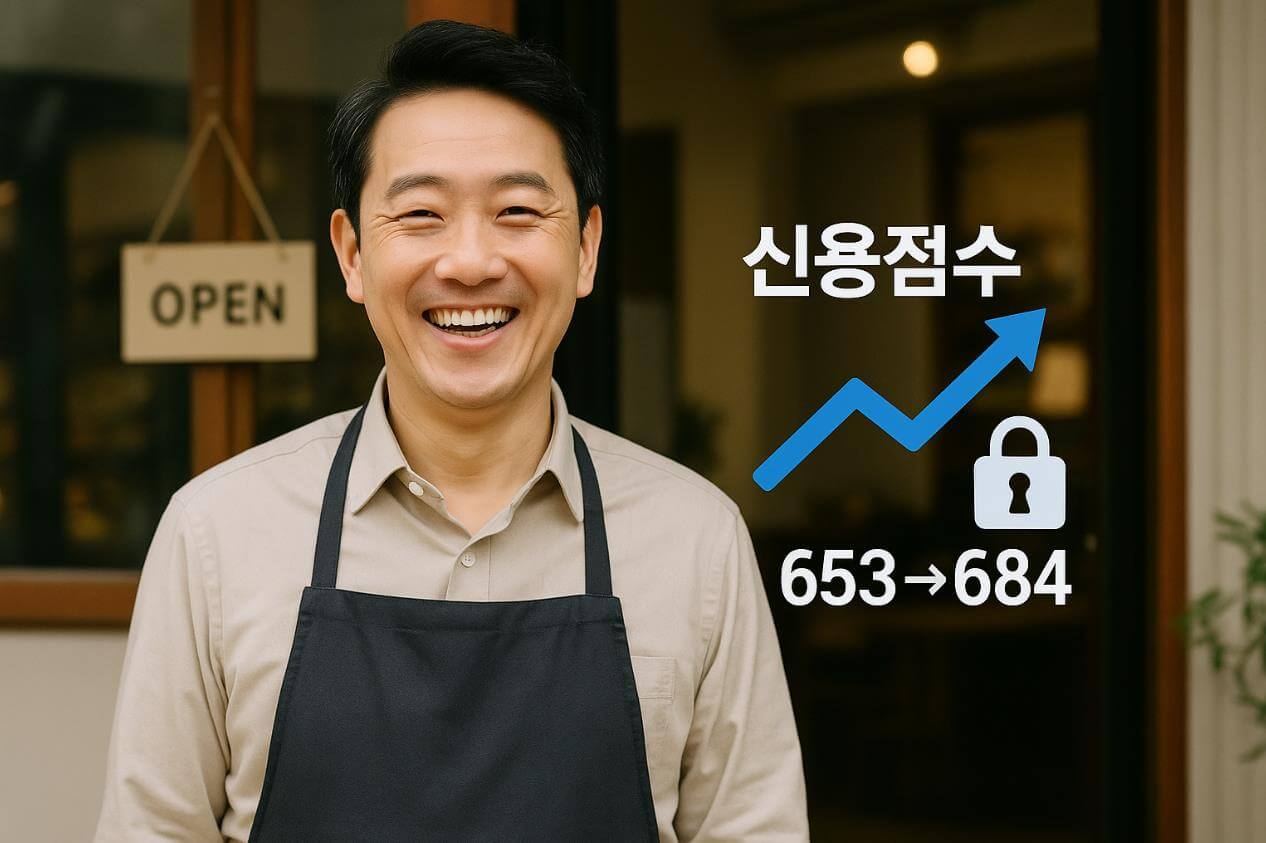 소상공인이 가게 앞에서 웃으며 신용점수 상승 그래프 확인하는 모습.