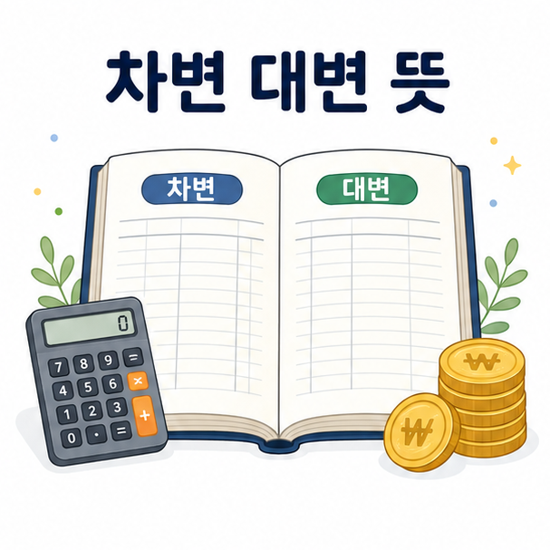 회계 장부의 왼쪽 차변과 오른쪽 대변을 나누어 차변 대변의 기본 위치를 설명한 이미지