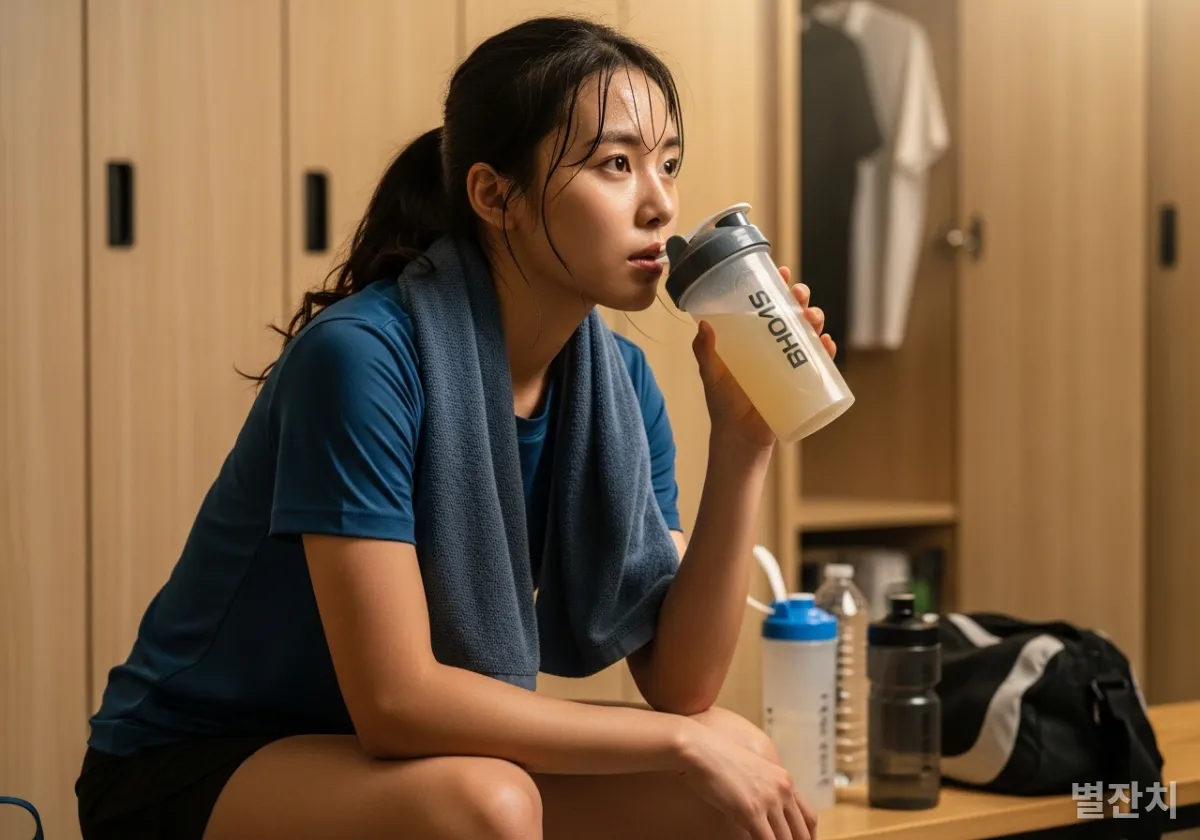 라커룸에서 휴식을 취하며 다음 경기를 준비하는 선수의 모습