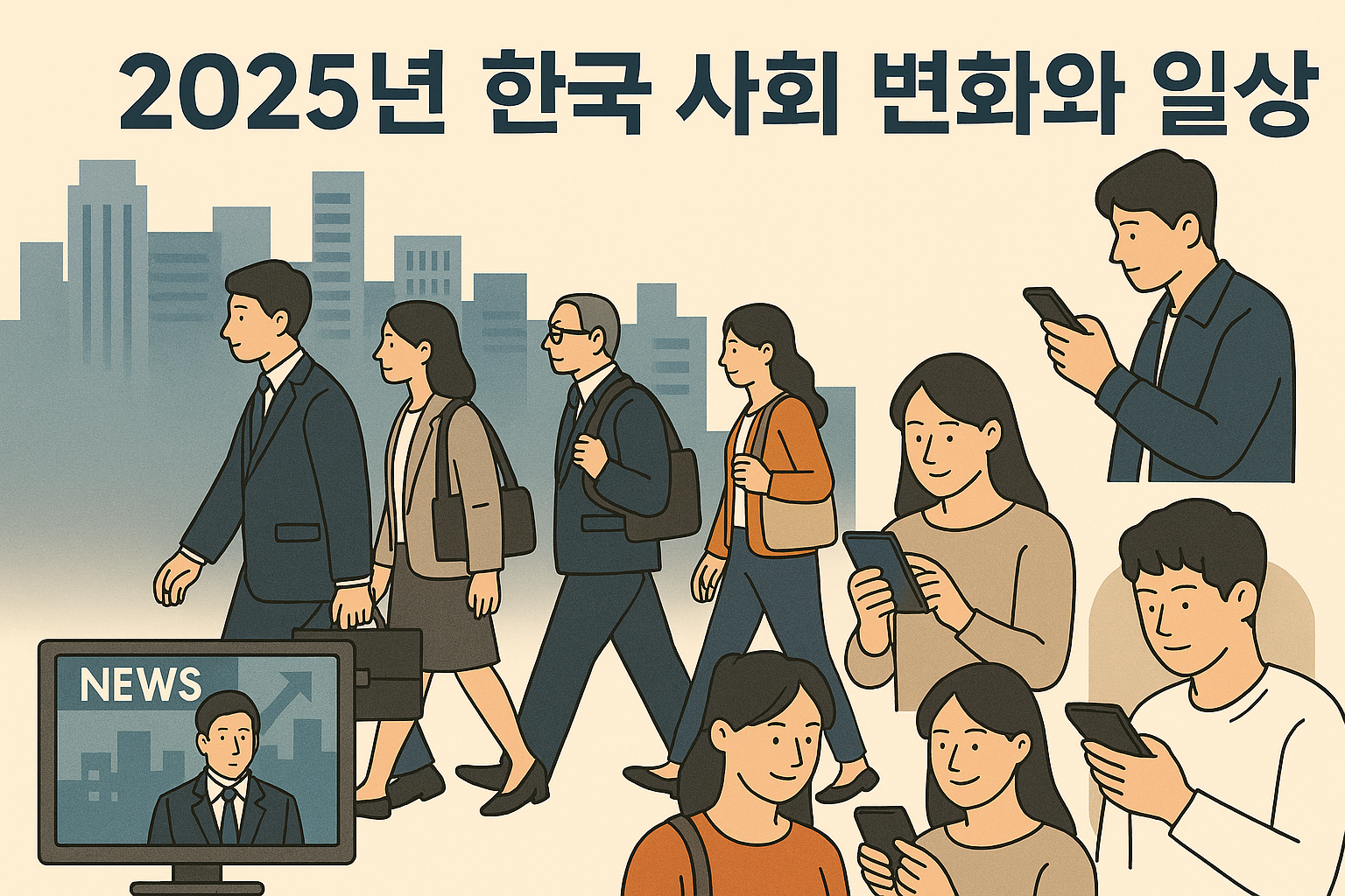 출근길 시민, 뉴스 화면, 스마트폰을 보는 사람들의 모습이 조합된 인포그래픽