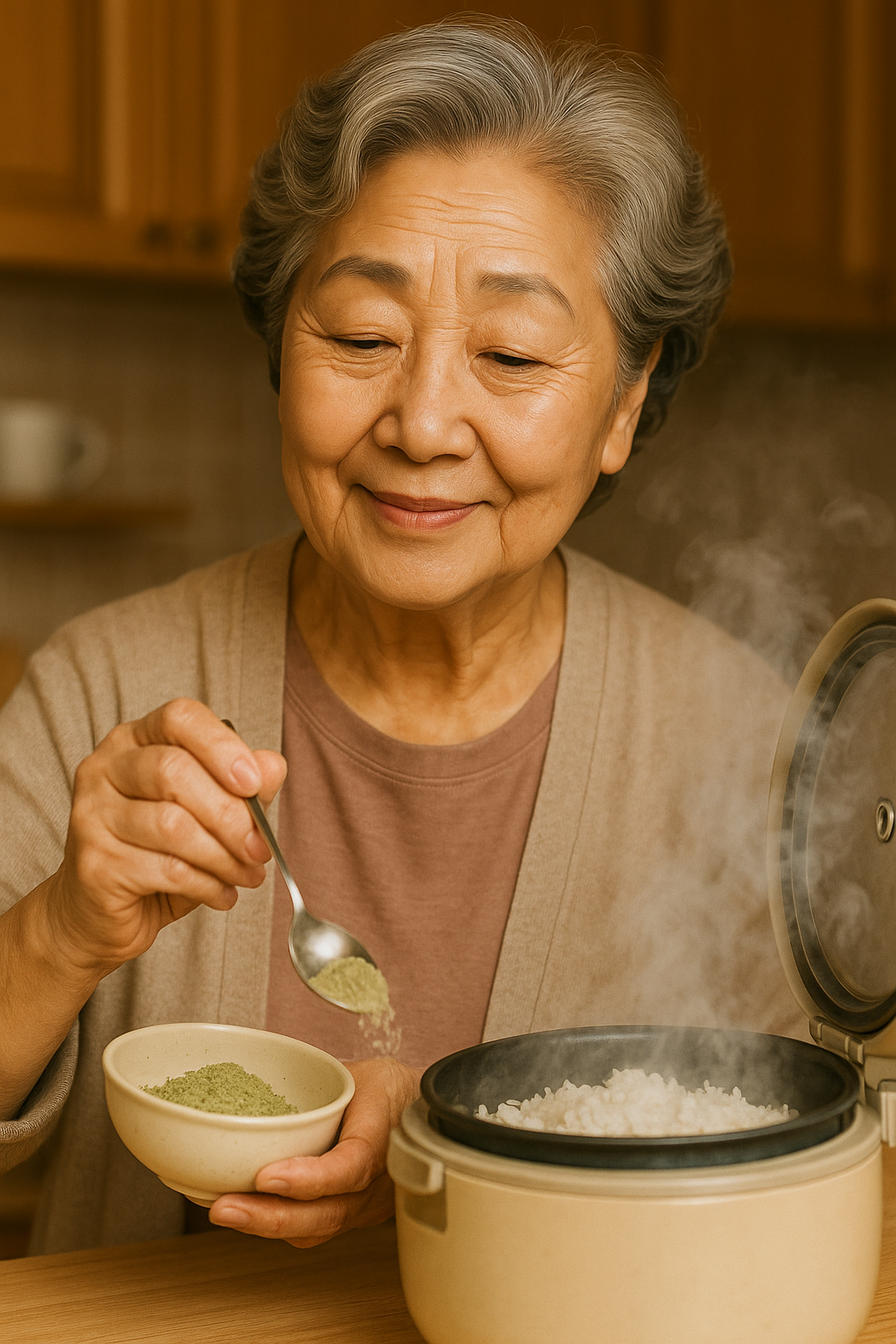 여주가루를 밥 지을 때 넣고있는 시니어