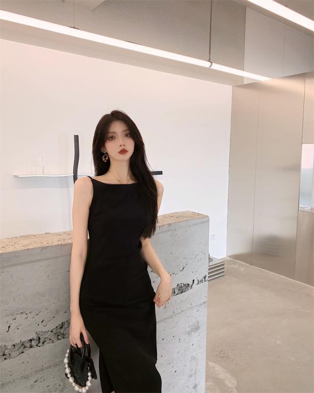 (당일출고) 이너슬림 홀터넥 끈 나시 롱 원피스 블랙 휴양지 뷔스티에 원피스