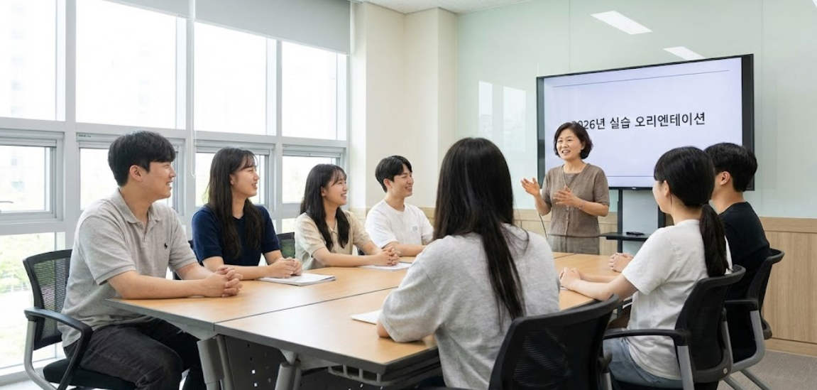 실습생들이 함께 모여 현장 오리엔테이션을 듣고 있는 분위기