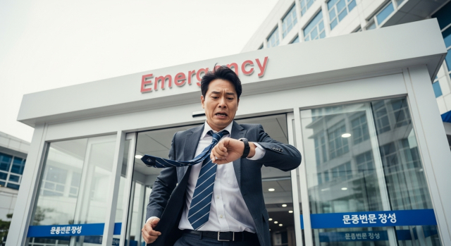 손목시계를 바라보며 급하게 병원 가는 모습