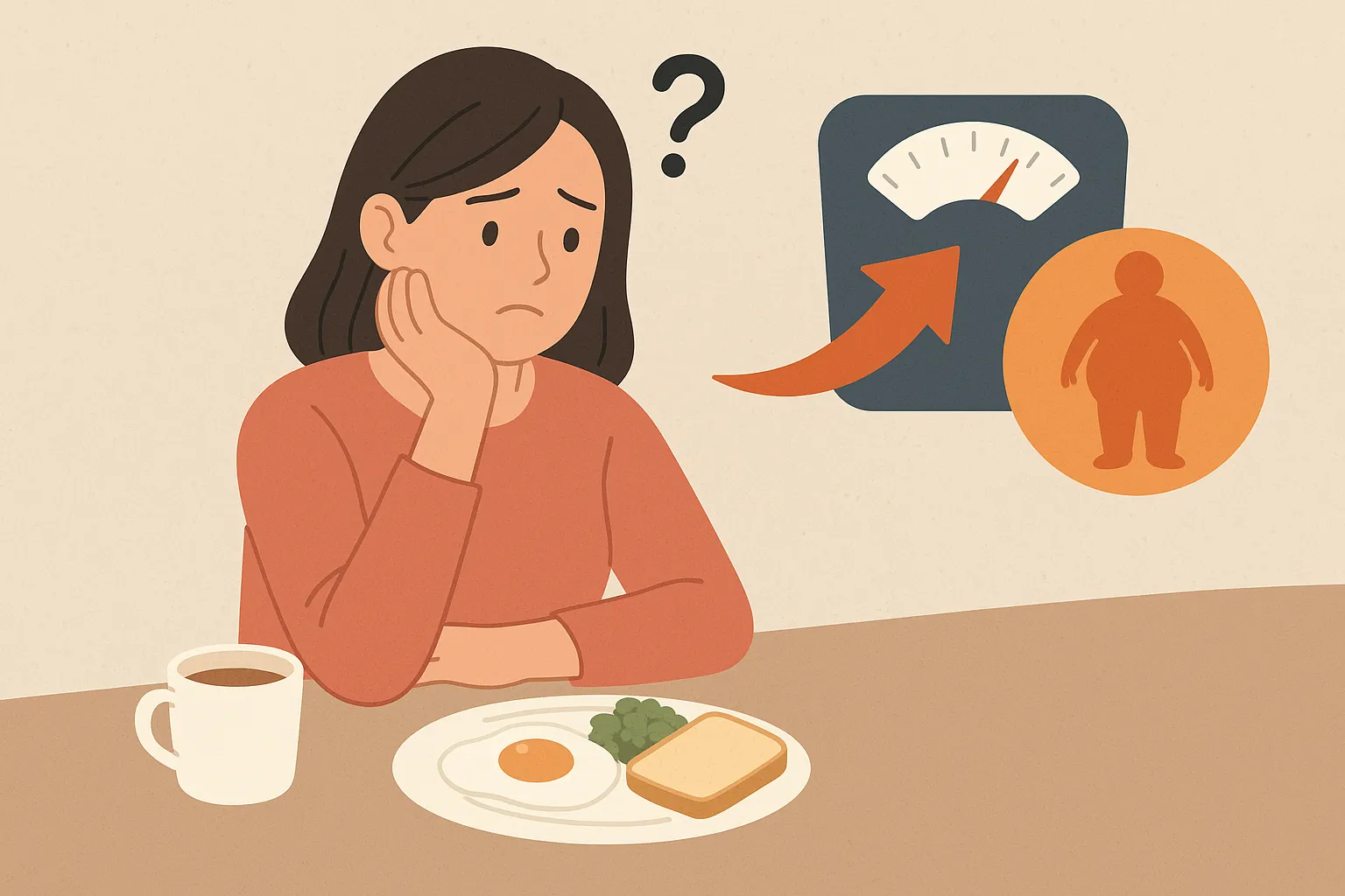 아침식사를-건너뛸지-고민하는-여성이-체중계와-체중증가를-상징하는-아이콘을-바라보며-식습관과-체중변화의-관계를-생각하는-모습을-표현한-일러스트