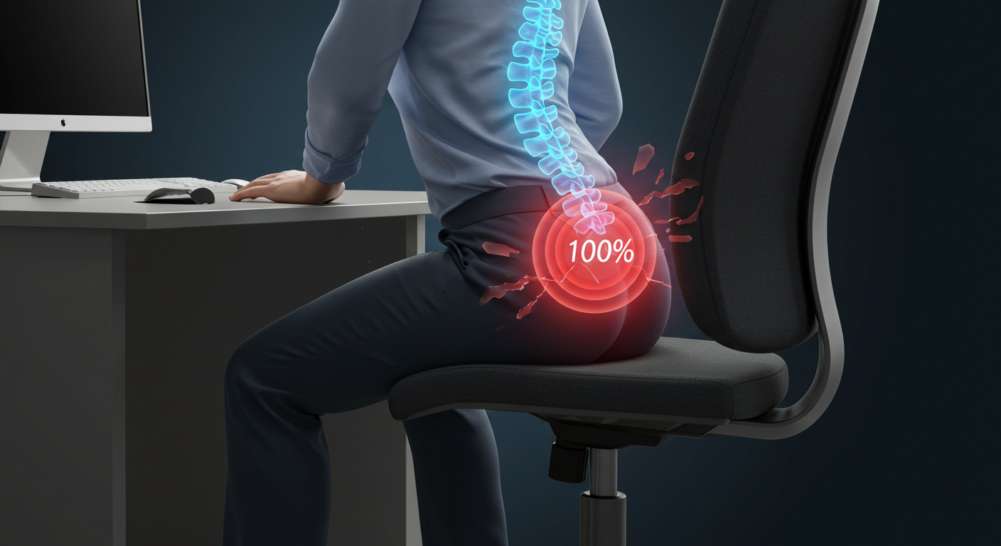 사무실 의자에 앉아있는 사람의 엉덩이 근육이 100% 활성화되면서 척추를 따라 허리 통증이 해소되는 것을 표현한 이미지