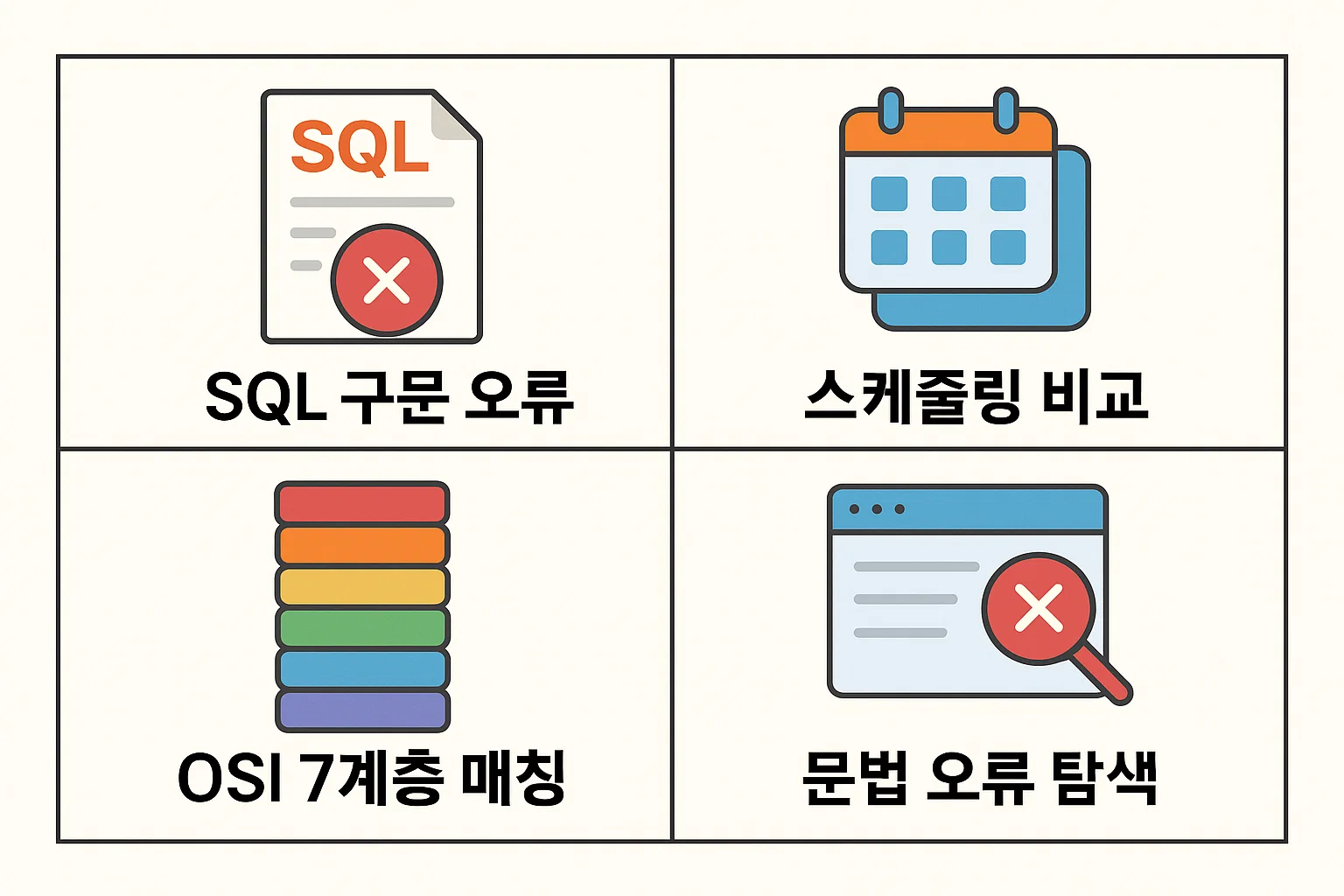 SQL 구문 오류, OSI 7계층 매칭, 스케줄링 비교, 문법 오류 탐색 등 정보처리산업기사 필기시험에서 빈출되는 오답 유형을 분석한 인포그래픽.