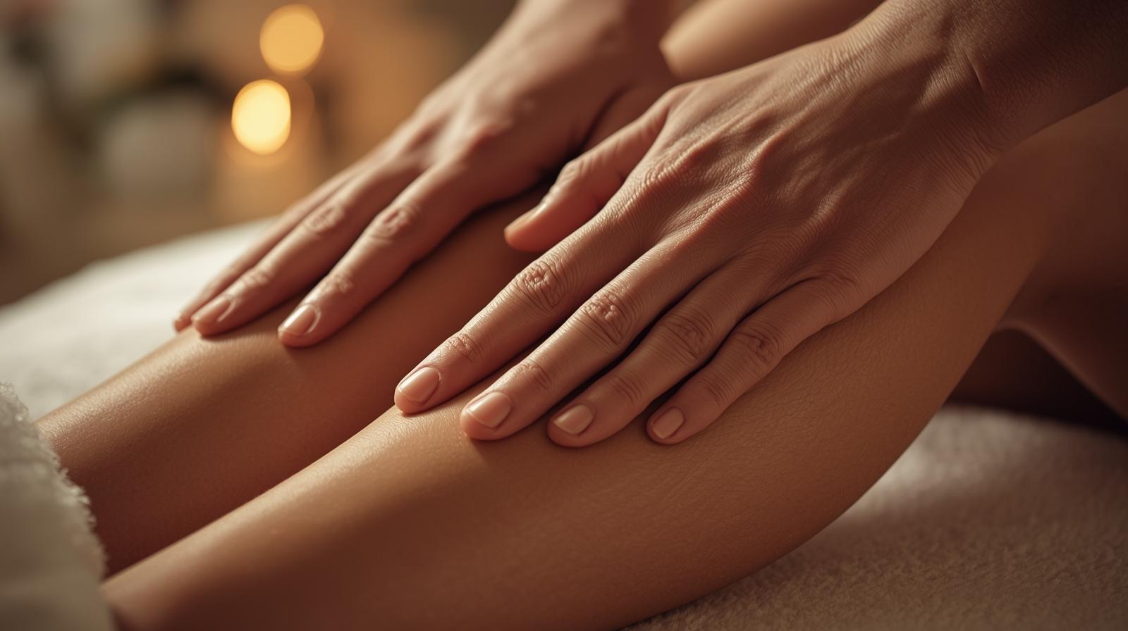 종아리를 마사지하며 피로를 푸는 모습