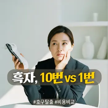 * 이미지 프롬프트: #모던 #미니멀 #깨끗한 #자연광 키워드를 반영한 디자인. 화사하고 세련된 화이트 톤의 실내. 40대 한국인 여성이 한 손에는 계산기나 영수증을 들고, 다른 한 손으로는 턱을 괴며 고민에 빠진 모습. 심각하기보다는 현명한 소비를 위해 비교 분석하는 스마트한 이미지. 인물의 피부는 깨끗하지만 자연스러운 잡티가 살짝 보이는 리얼리티 강조. 부드러운 햇살이 비치는 아날로그 필름 사진 스타일의 고화질 실사.
* 썸네일 텍스트(제목): 흑자, 10번 vs 1번
* 해시태그: #호구탈출 #비용비교