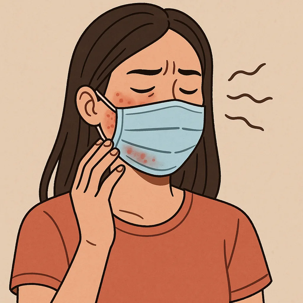 마스크를-오래-썼을-때-피부에-생길-수-있는-트러블과-자극을-묘사한-일러스트로-여성의-뺨에-생긴-붉은-트러블이-강조됨