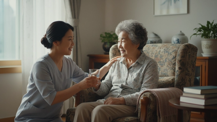 집에서 요양보호사의 도움을 받아 편안하게 일상생활을 하는 80대 어르신.