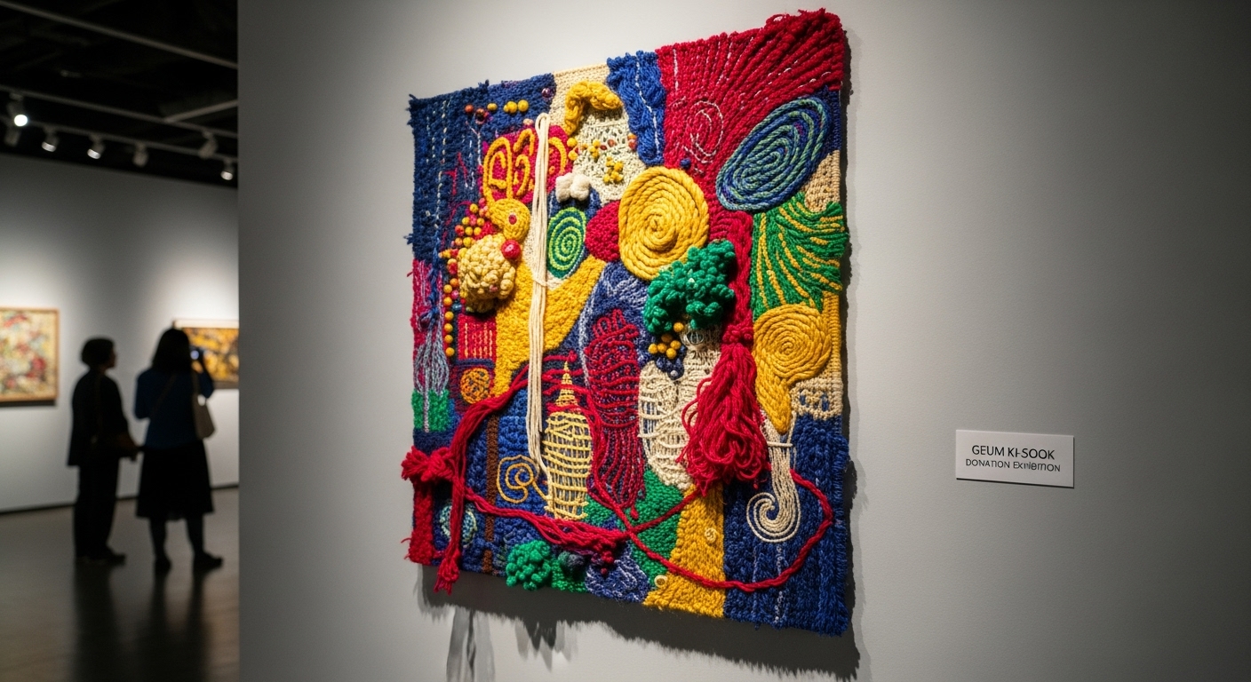 금기숙 기증전의 섬세하고 화려한 패턴이 돋보이는 직물 예술 작품, 현대적인 전시 공간에서 차분하게 전시된 모습.