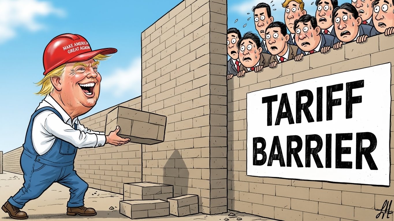 Caricature of Donald Trump building a huge wall (tariff barrier), and Korean businessmen looking worriedly from the other side.