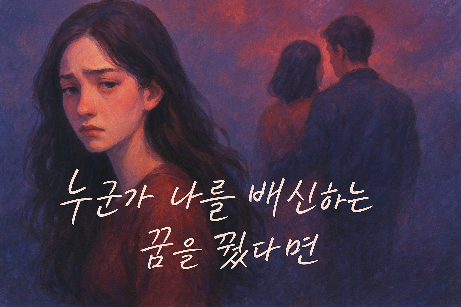 긴 머리의 여성이 등을 돌린 채 서 있는 장면, 붉은빛과 남보라빛이 섞인 몽환적인 파스텔톤 배경, 멀리 희미하게 사라지는 사람의 그림자, 상단에는 필기체로 ‘누군가 나를 배신하는 꿈을 꿨다면’ 문구가 적힌 이미지