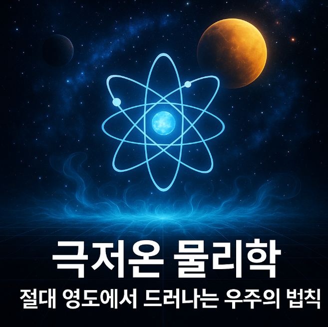 극저온 물리학과 절대 영도 실험을 상징하는 우주적 과학 이미지