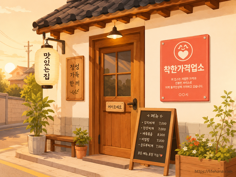 착한가격업소 로고 마크가 부착된 식당 주방에서 한국가스안전공사 전문가가 첨단 측정 장비로 미세 누출을 스크리닝하는 모습 일러스트