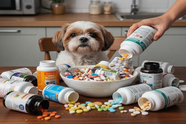 과다한 영양제 급여로 인해 불안해하는 반려견의 모습