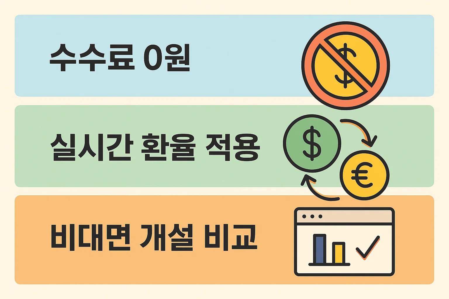 토스 외화통장의 수수료 0원, 실시간 환율 적용, 비대면 개설 비교 등 핵심 장점을 시각적으로 정리한 인포그래픽 이미지입니다.