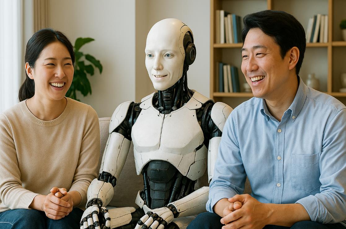 AI 휴머노이드 로봇이 거실에서 사람과 대화하는 모습