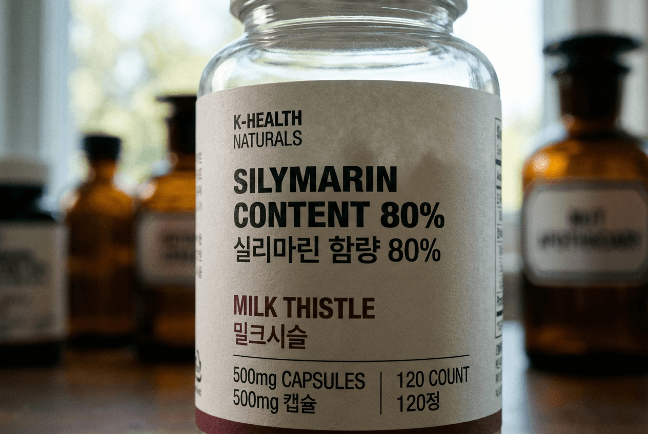 밀크씨슬 제품 라벨과 실리마린 함량 표기가 보이는 근접 촬영