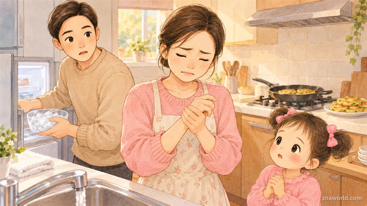 추석에 전을 부치다 기름에 데어 손을 감싸 쥔 모습