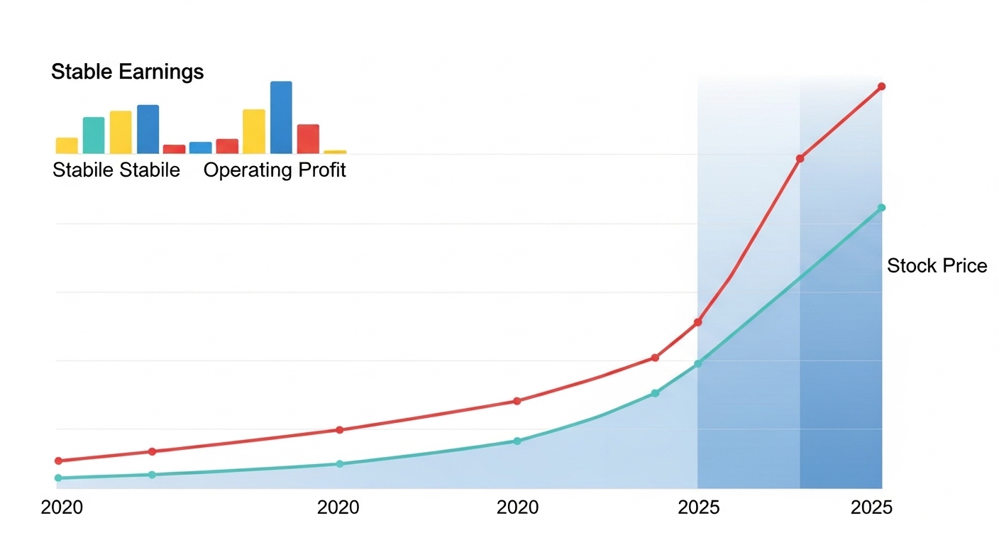 Stock price vs earnings divergence infographic. Left axis SOLiD stable operating profit bar 2022~2025 green consistent. Right axis stock price line declining from 2020 peak despite stable earnings. Gap labeled 5-year undervaluation. Arrows pointing to three cause boxes 2020 pre-pricing, domestic capex fear, defense volatility. Navy blue analytical style. English labels only.