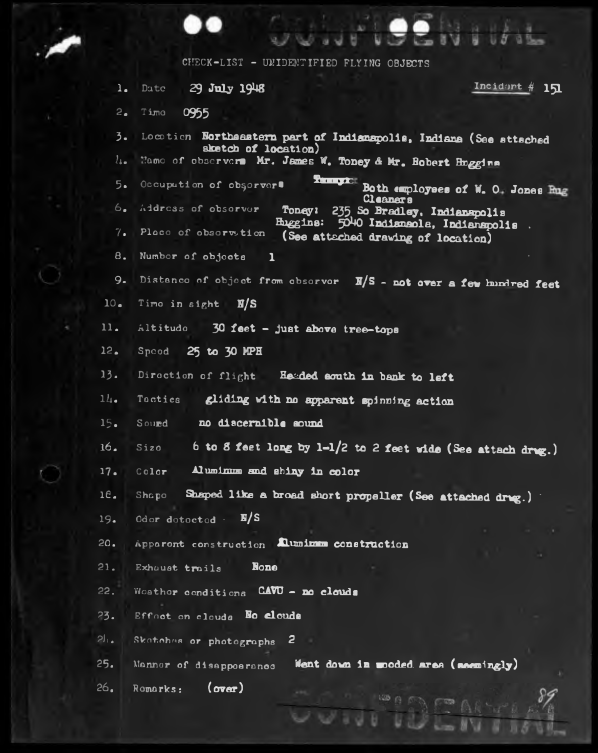 1948 Indianapolis low altitude metallic UFO Incident 151 report