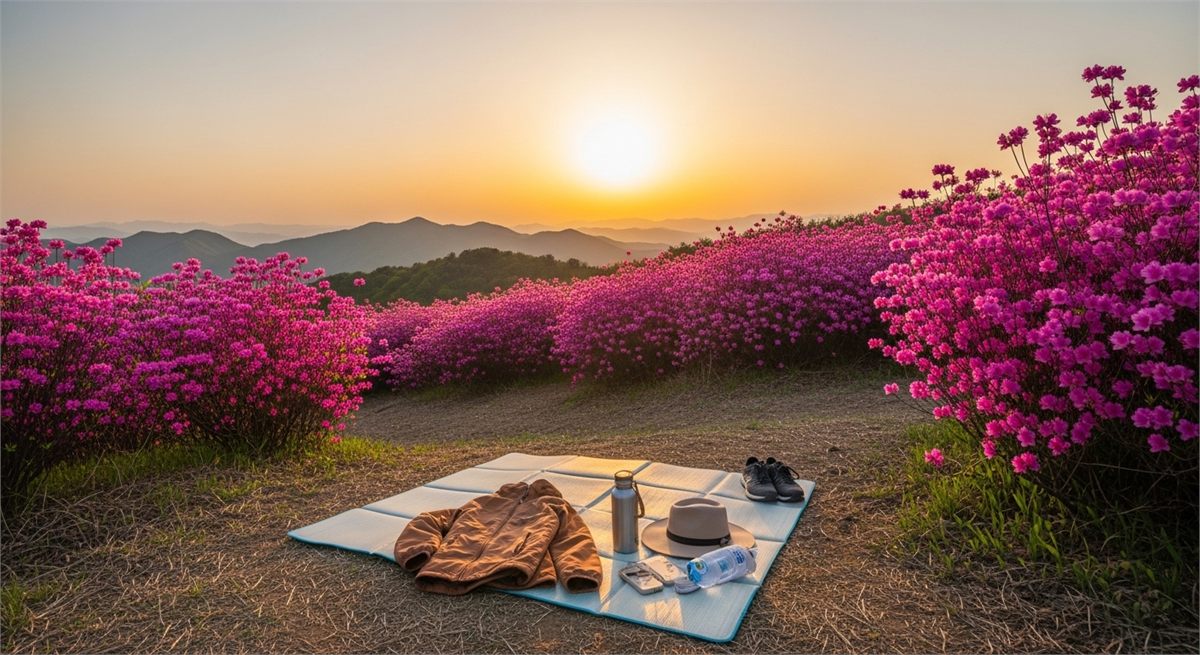황매산 철쭉밭 옆에 놓인 봄 나들이 준비물 장면