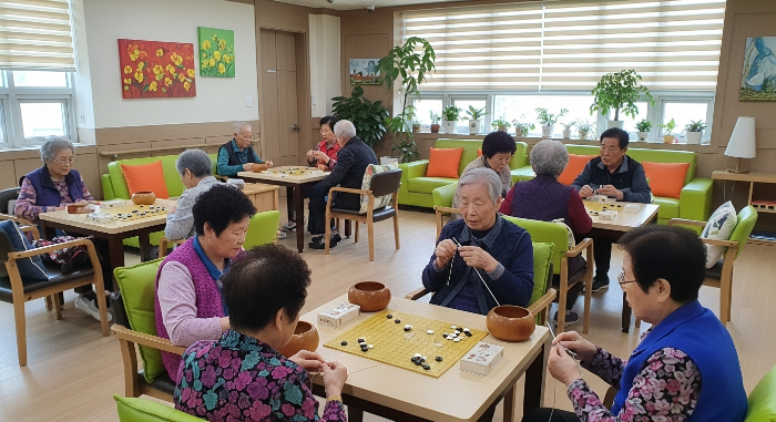 마포 실속형 시니어 타운의 아늑한 공용 공간에서 함께 활동하는 입주민들