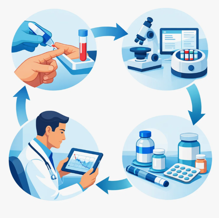 혈당 측정부터 검사 분석, 의료진 판단, 약물 치료까지 이어지는 당뇨 추적검사와 치료 관리의 순환 구조