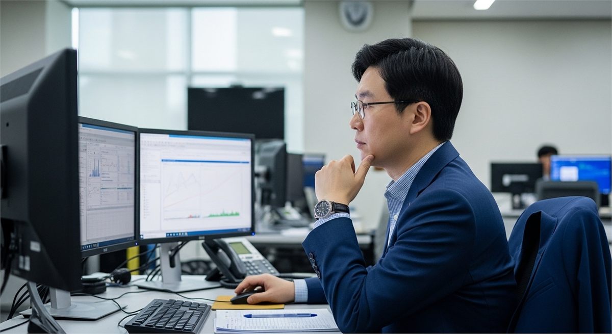 사무실에서 방산 업종 데이터를 확인하는 한국인 투자자 장면