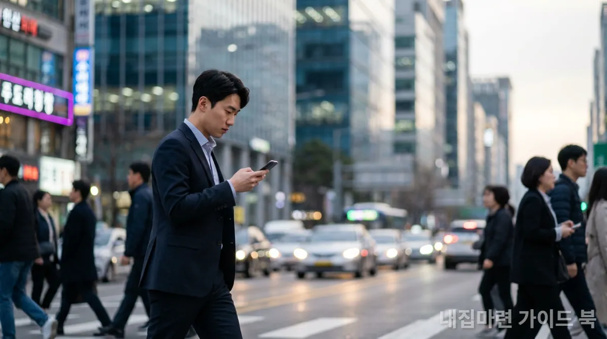 스마트폰을 보며 바쁜 도시를 걷는 한국인 직장인