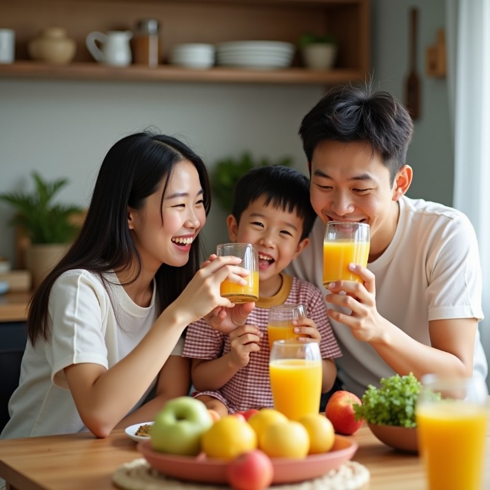 디톡스 주스 마시는 가족 이미지