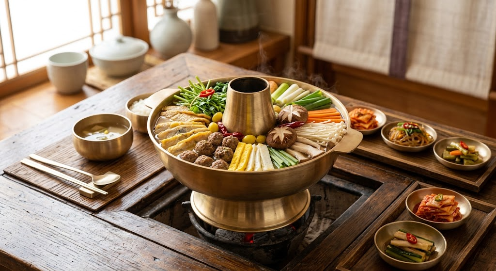 전통 한옥 실내의 원목 식탁 중앙에 신선로 틀(놋화로)이 놓여 있습니다. 신선로 안에는 완자, 전, 표고버섯, 팽이버섯, 미나리, 당근, 대파, 은행 등 다양하고 알록달록한 재료들이 정갈하게 둘러 담겨 있으며, 중앙 굴뚝에서 따뜻한 김이 올라오고 있습니다. 식탁 왼쪽에는 놋그릇에 담긴 밥과 국, 놋수저가 배치되어 있고, 오른쪽에는 김치, 잡채, 장아찌 등의 한식 반찬들이 놋접시에 가지런히 차려져 있습니다. 전체적으로 따뜻하고 격식 있는 한국 전통 수라상 분위기를 풍깁니다.