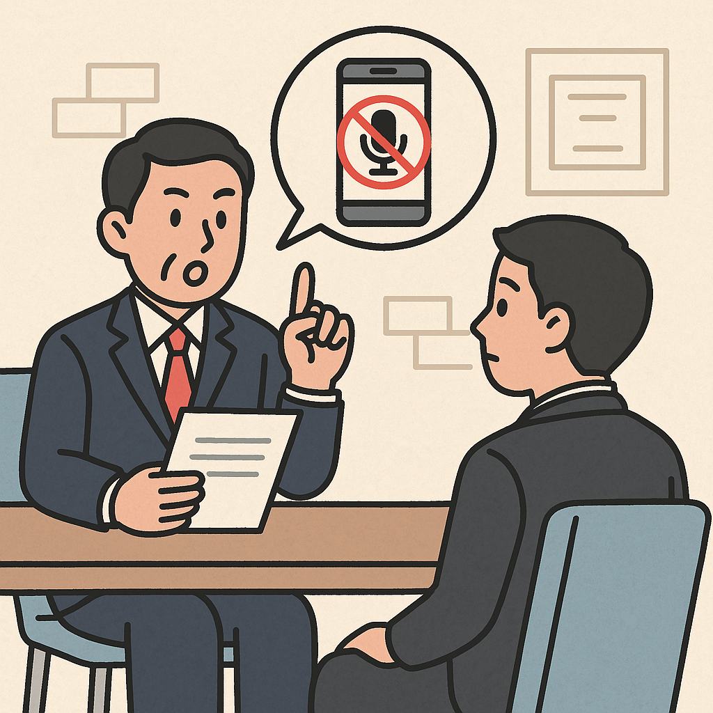 면접 시 녹음 행위를 금지하고 있다고 안내하고 있는 모습을 시각적으로 표현한 일러스트 이미지