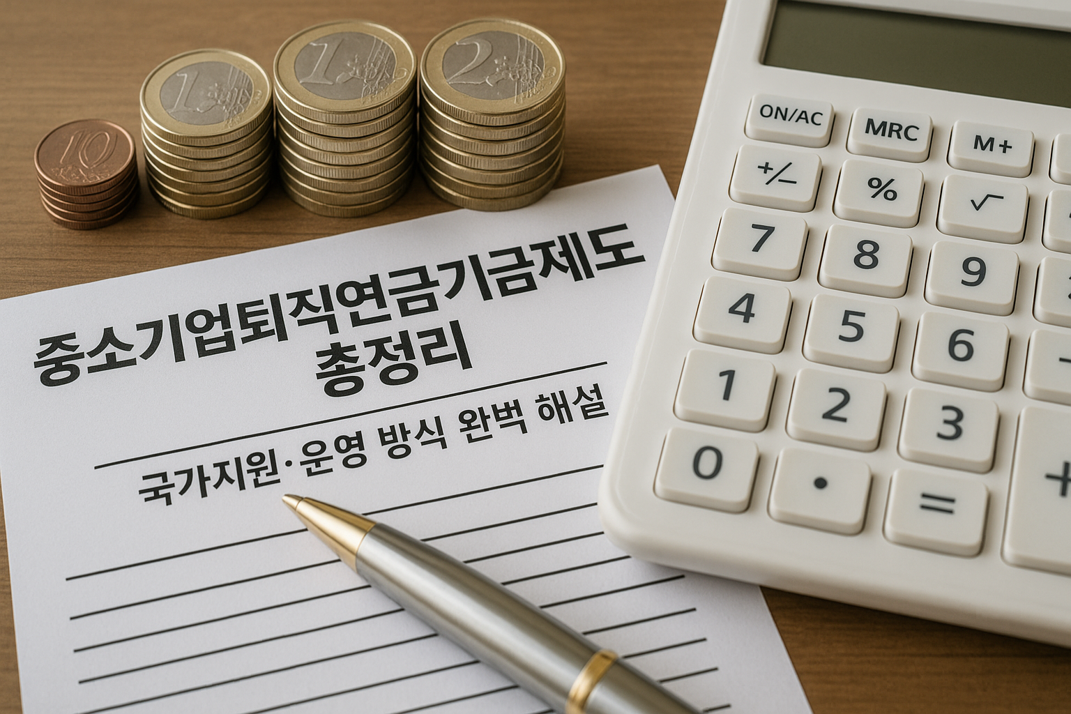 중소기업퇴직연금기금제도 총정리 서류와 동전, 계산기, 펜이 놓인 책상 위 모습