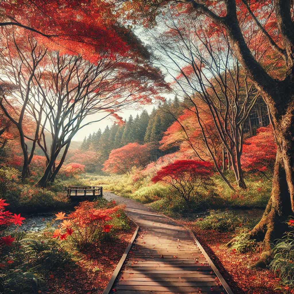 제주도의 가을 풍경, 울긋불긋 단풍과 고요한 산책로가 어우러진 평화로운 장면