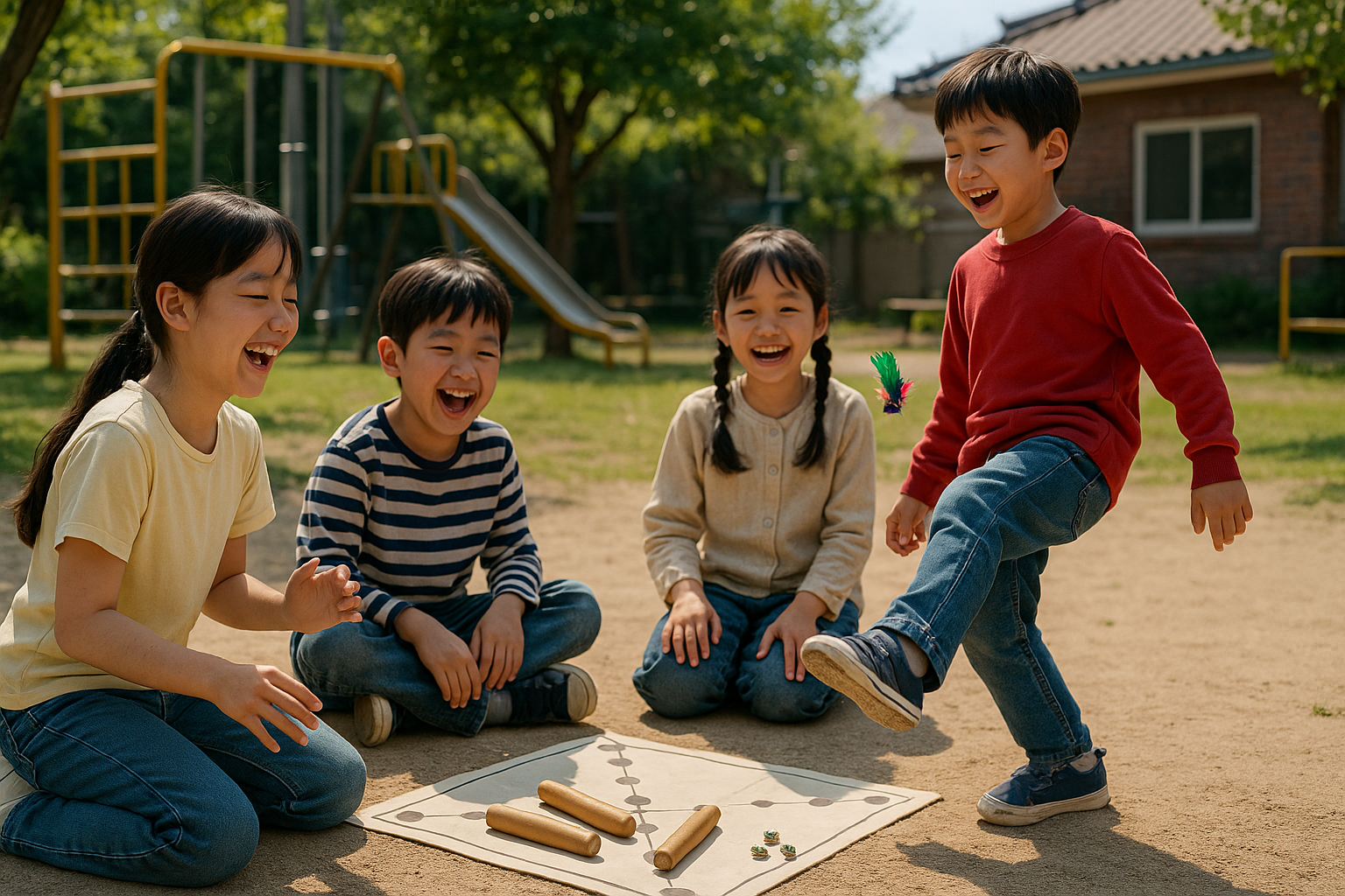 아이들이 마당에서 윷놀이와 제기차기를 하며 웃고 있는 모습