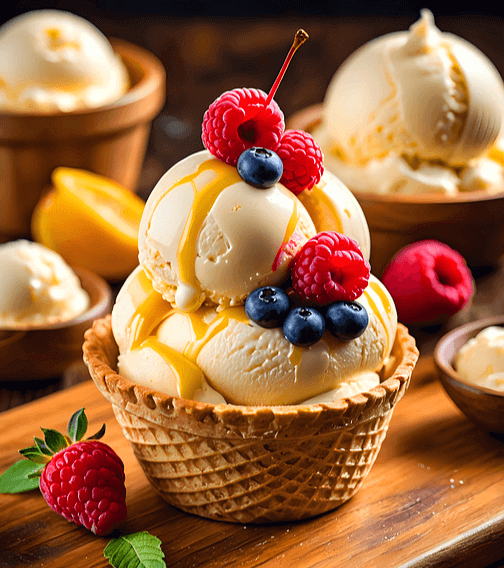 바닐라 아이스크림이 가득 담긴 아이스크림 3개가 있다. 위에는 빨간 라즈베리가 있다.