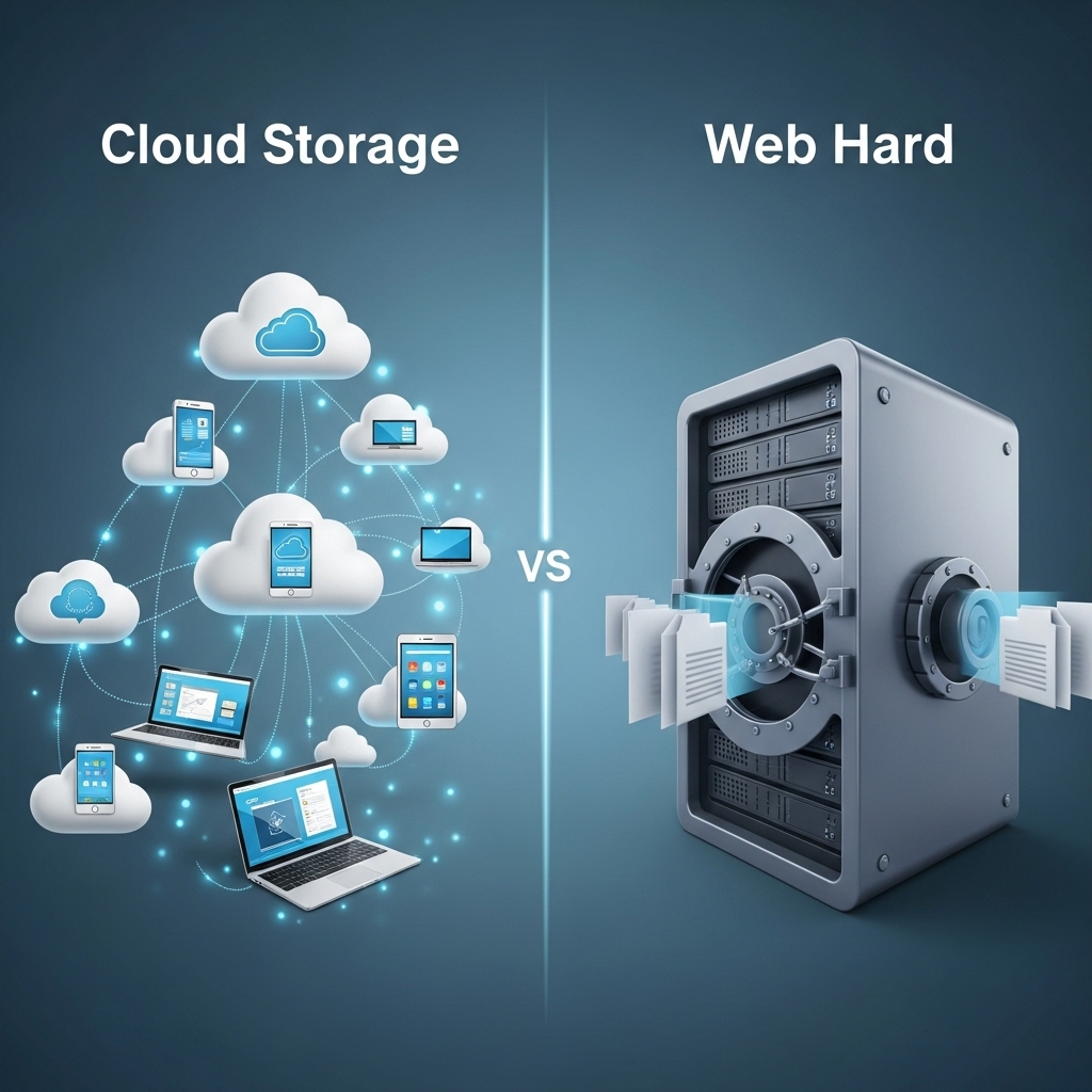 클라우드 스토리지와 웹하드를 시각적으로 비교하는 미래적인 일러스트레이션. 한쪽에는 구름 네트워크와 연결된 다양한 기기들이, 다른 한쪽에는 대용량 파일을 강조하는 서버 랙이 배치되어 있다. 푸른색과 회색 톤으로 정보 기술의 차이점을 명확히 보여준다.
