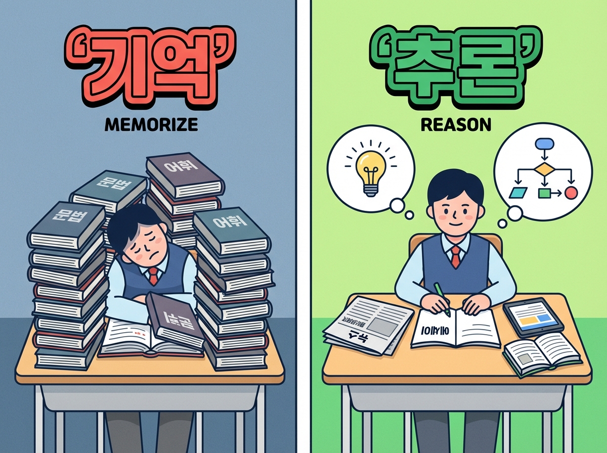 A split-panel digital illustration comparing rote memorization (기억) study with critical reasoning (추론) study for the 2026 Education Administrative exam.